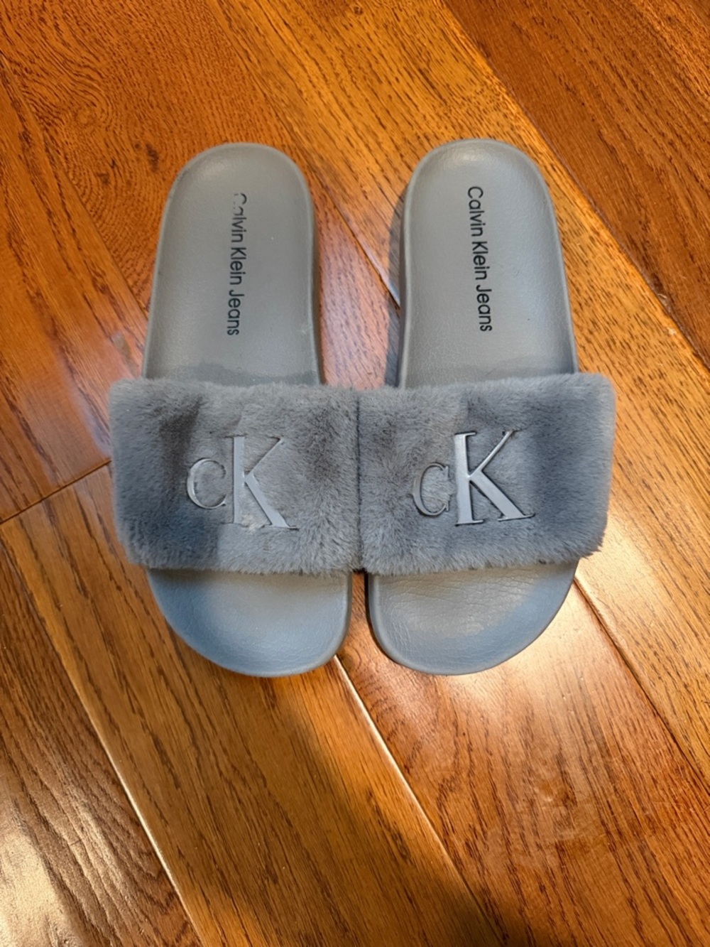 Calvin Klein Jeans Gray Faux-Fur Slide Sandals with CK Logo
